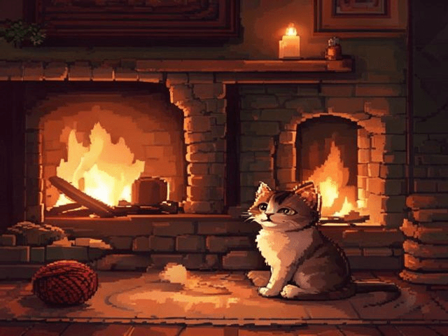 Cozy cat by the fireplace (indie + cozy)